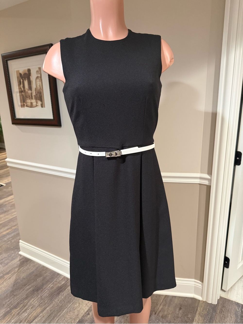 Karl Lagerfeld Black Sleeveless Midi Dress with White Slim Belt